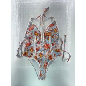 Floral One Piece Swimsuit Halter Neck Lace Trim‎ Medium